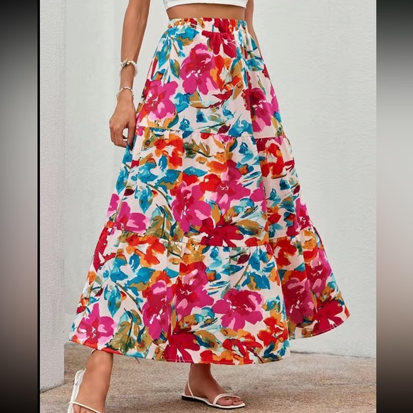 Boho floral print elastic waist maxi skirt - Picture 3 of 6